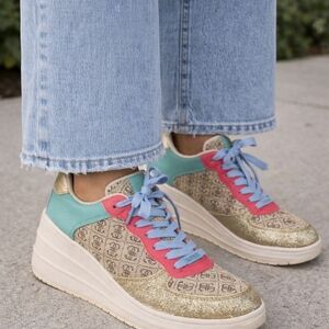 Size 10 Guess Gold Sneakers With Colorful Accents